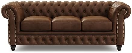 Valencia Parma Chesterfield 3 Seater Sofa 82" | Full Leather | Mid-Century Leather Couch with Classic Button Tufted Back, Wood Legs for Living Room, Chocolate