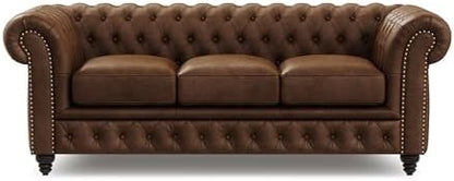 Valencia Parma Chesterfield 3 Seater Sofa 82" | Full Leather | Mid-Century Leather Couch with Classic Button Tufted Back, Wood Legs for Living Room, Chocolate