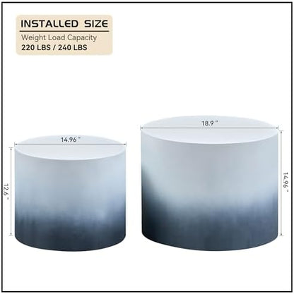 18.9" Gradient Color Nesting Coffee Table Set of 2 for Living Room, Modern Round Coffee Tables Accent Circle Tea Table Set for Small Space, No Assembling, White + Blue