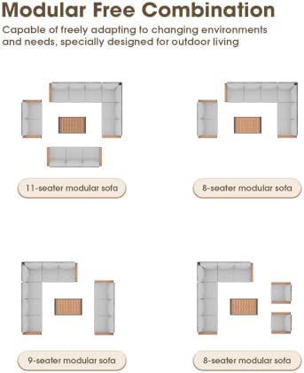 Outdoor Aluminum Patio Furniture Set 11 Seats, Patio Sectional Corner Couch Set with Washable Thick Cushions & Coffee Table, Patio Conversation Sets for Porch, Backyard, Garden, Deck, Gray