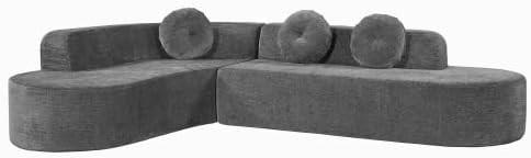 122'' Extra Large Sectional Sofa, Fully Compressed Sponge, Elegant Curved Design with Three Round Cushions, Soft Fabric Upholstery, High-Resilience Foam for Ultimate Comfort, Grey
