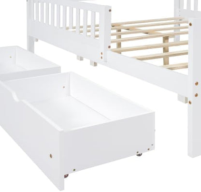 Bellemave Full Size Kids Platform Bed with Fences and 2 Drawers, Wooden Full Bed Frame with Guardrails on Both Sides for Boys Girls, White