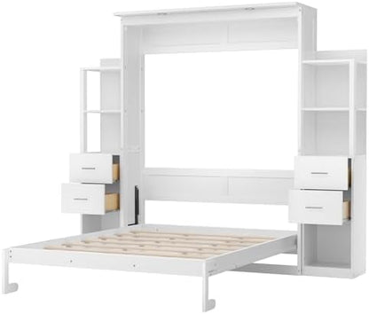 PVWIIK Queen Size Murphy Bed, Vertical Wall Bed Frame with 4 Drawers, LED Light, Shelf & Foldable Platform, White for Small Space Bedroom Guest Room