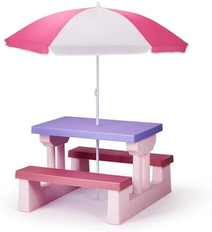 JOYMOR Kids Picnic Table with Removable Umbrella, Plastic Kids Activity Table for Outdoors, Toddler Table and Bench Set for Ages 3+, Ideal for Garden, Patio, Pink & Purple
