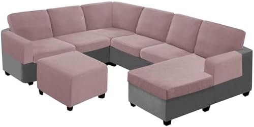 UNBBRRL Seat Cushion Cover and Back Covers for Corner Sofa Stretch Jacquard, Non Slip L Shaped Sofa Slipcover with Storage Ottoman, Sectional Couch Cover for Chaise Lounge (Pink,47 x 47 x 6”)
