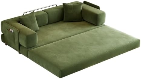 Green Corduroy Convertible Sofa Bed, No Assembly, Removable Backrest & Arms