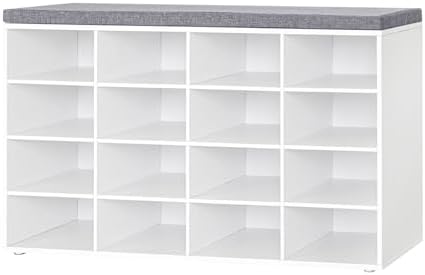 Shoe Storage Bench with Cushion, 16-Cubby Shoe Rack with Seat