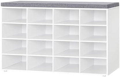 Shoe Storage Bench with Cushion, 16-Cubby Shoe Rack with Seat