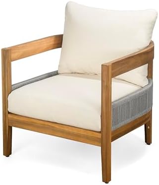 Merax 4 Piece Patio Outdoor Furniture Set, All-Weather Acacia Wood Curved Loveseat Sofa, 2 Club Armchairs with Cushions,1 Coffee Table, Conversation Set for Backyard Deck Poolside, Teak+ Beige