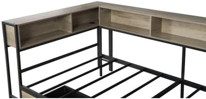 Bellemave Twin Corner Bed Frame with Desk and Storage, Twin Size Captains Bed with Charging Station and LED Light, Wood Daybeds with L-Shaped Bookcase and 2 Drawers, Grey