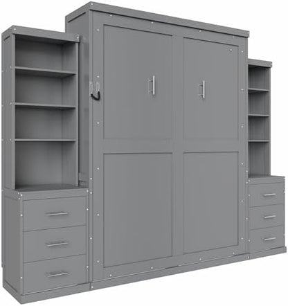 Queen Murphy Bed with Storage Shelves and Drawers, Solid Wood Foldable Hidden Vertical Murphy Wall Bed with Storage Bookcase for Adults, Library,Guest Room,Bedroom,Office,Space-Saving (Queen,Grey)