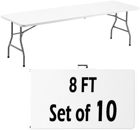 10 Pack 8FT White Plastic Folding Tables, Fold-in-Half