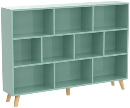 IOTXY Wooden Open Shelf Bookcase - 3-Tier Bookshelf with Leg, Tiffany-Green