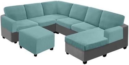 UNBBRRL Seat Cushion Cover and Back Covers for Corner Sofa Stretch Jacquard, Non Slip L Shaped Sofa Slipcover with Storage Ottoman, Sectional Couch Cover for Chaise Lounge (Lake Green,16 x 30 x 6”)