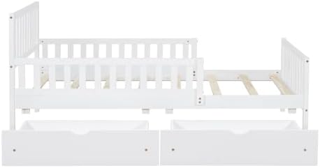 Bellemave Twin Size Kids Platform Bed with Fences and 2 Drawers, Wooden Twin Bed Frame with Guardrails on Both Sides for Boys Girls, White
