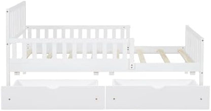 Bellemave Twin Size Kids Platform Bed with Fences and 2 Drawers, Wooden Twin Bed Frame with Guardrails on Both Sides for Boys Girls, White
