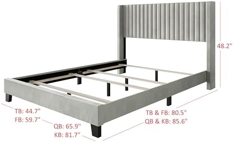 HOME DESIGN Ashland Queen Velvet Upholstered Panel Bed with Wingback Headboard, Vertical Channel Tufting, Adjustable Height, Easy Assembly, Solid Wood Frame, Light Gray