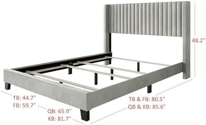 HOME DESIGN Ashland Queen Velvet Upholstered Panel Bed with Wingback Headboard, Vertical Channel Tufting, Adjustable Height, Easy Assembly, Solid Wood Frame, Light Gray