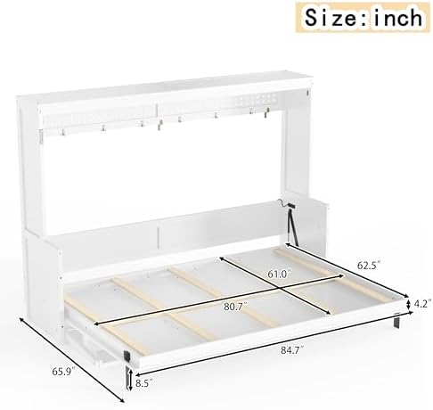 Bellemave Queen Murphy Bed with Desk,LED Lights, Cabinet Bed Frame with USB Port, Noisy Free, for Guest Bedroom, Living Room, White