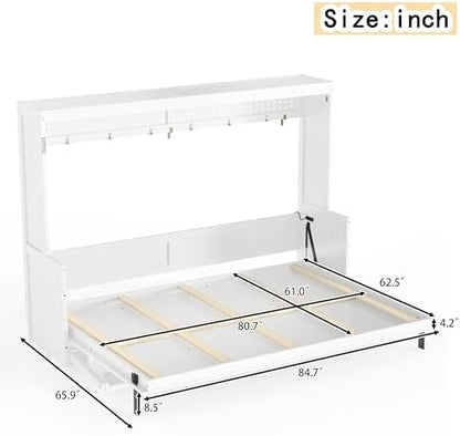 Bellemave Queen Murphy Bed with Desk,LED Lights, Cabinet Bed Frame with USB Port, Noisy Free, for Guest Bedroom, Living Room, White