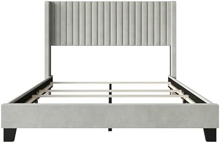 HOME DESIGN Ashland Queen Velvet Upholstered Panel Bed with Wingback Headboard, Vertical Channel Tufting, Adjustable Height, Easy Assembly, Solid Wood Frame, Light Gray