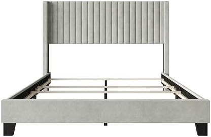 HOME DESIGN Ashland Queen Velvet Upholstered Panel Bed with Wingback Headboard, Vertical Channel Tufting, Adjustable Height, Easy Assembly, Solid Wood Frame, Light Gray