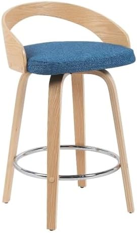 Armen Living Sonia Modern Swivel Counter Height Bar Stool with Blue Upholstered Seat and Patterned Oak Wood Finish