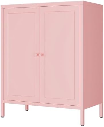 2 Door Metal Storage Cabinet-Small Bathroom Storage Cabinet with 1 Adjustable Shelf,Metal Freestanding Sideboard for Home Office, Living Room, Hallway, Entryway(Square Door, Pink)