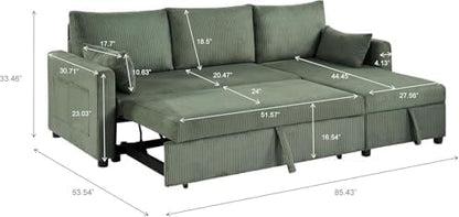 Queen Sleeper Sofa, Convertible Sofa Bed with Storage, 85 Inch Sectional Couch with Pull Out Bed, L Shaped 3 Seat Sectional Sleeper Sofa for Living Room, Apartment, Green