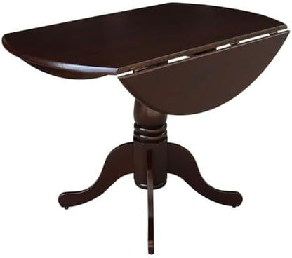 IC International Concepts, 42" Round Dual Drop Leaf Pedestal Dining Table, Solid Real Wood, Sturdy Parawood, Rich Mocha