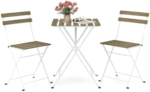 GIANTEX 3-Piece Acacia Wood Bistro Set, Patio Bistro Table with 2 Folding Chairs, Slatted Seat & Tabletop, Metal Frame, Outdoor Furniture Set for Backyard, Porch, Garden, Poolside (White + Gray)
