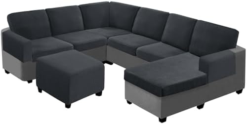 UNBBRRL Seat Cushion Cover and Back Covers for Corner Sofa Stretch Jacquard, Non Slip L Shaped Sofa Slipcover with Storage Ottoman, Sectional Couch Cover for Chaise Lounge (Dark Grey,31 x 31 x 6”)