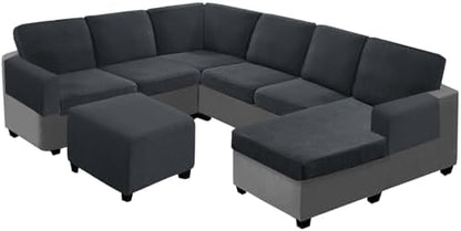 UNBBRRL Seat Cushion Cover and Back Covers for Corner Sofa Stretch Jacquard, Non Slip L Shaped Sofa Slipcover with Storage Ottoman, Sectional Couch Cover for Chaise Lounge (Dark Grey,31 x 31 x 6”)