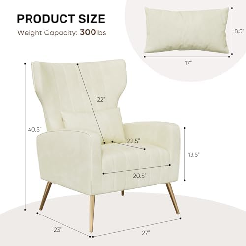 Nebuaegis Velvet Accent Chair Wingback for Living Room, High Back Arm Chair with Golden Legs Lumbar Pillow, Upholstered Single Sofa Bedroom Beige