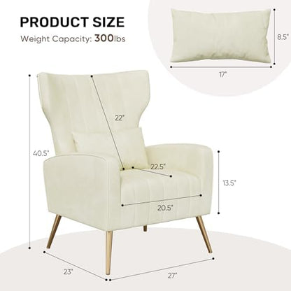 Nebuaegis Velvet Accent Chair Wingback for Living Room, High Back Arm Chair with Golden Legs Lumbar Pillow, Upholstered Single Sofa Bedroom Beige