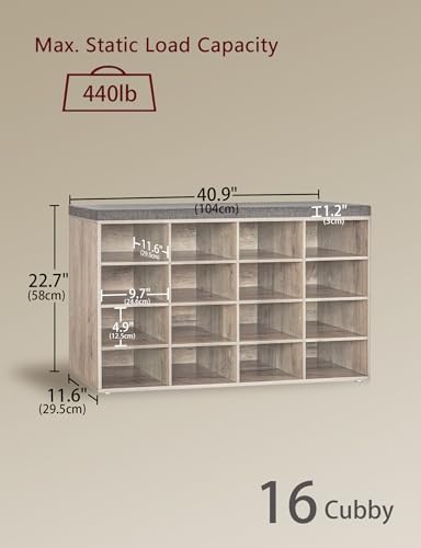 Shoe Storage Bench with Cushion, 16-Cubby Shoe Rack with Seat
