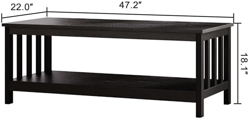 ChooChoo Mission Coffee Table, Black Wood Living Room Table with Shelf, 47 inch