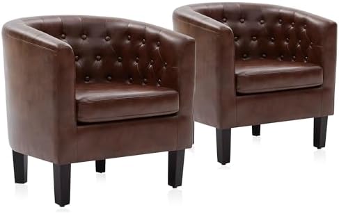 BELLEZE Caramel Accent Chairs for Living Room, Set of 2 Elegant Arm Chairs, Upholstered Tufted Barrel Chairs Club Chairs for Bedroom with Sturdy Legs and Faux Leather - Berlinda (Caramel)