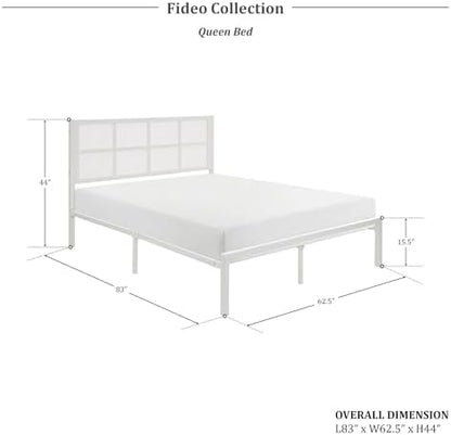Lexicon Metal Bed Frame with Rattan Headboard, Platform Bed with Strong Metal Slat Support Under Bed Storage, Boho Faux Cane Bed, Mattress Foundation No Box Spring Needed, Queen Bed, White