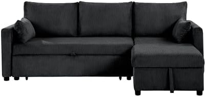 Queen Sleeper Sofa, Convertible Sofa Bed with Storage, 85 Inch Sectional Couch with Pull Out Bed, L Shaped 3 Seat Sectional Sleeper Sofa for Living Room, Apartment, Black