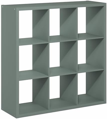 9-Cube Bookshelf, Cubicle Shelf Bookcase with Open Back, Position Reversible Book Shelf, 15 x 44 x 44, for Home Office, Living Room, Sage Green
