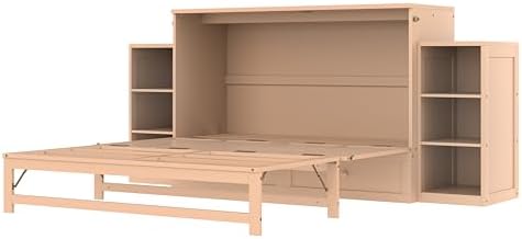 Bellemave Queen Murphy Bed, Cabinet Bed with 2 Shelves and Storage Drawers, Farmhouse Murphy Cabinet, Golden