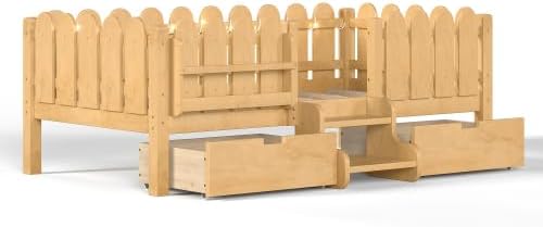 Bellemave Twin Size Platform Bed with Storage Drawers & Bookshelf for Boys Girls, Kids Twin Bed Frame with LED Lights & Stairs for Children's Room, Natural