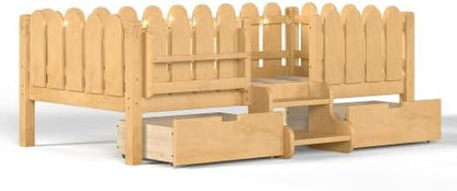 Bellemave Twin Size Platform Bed with Storage Drawers & Bookshelf for Boys Girls, Kids Twin Bed Frame with LED Lights & Stairs for Children's Room, Natural