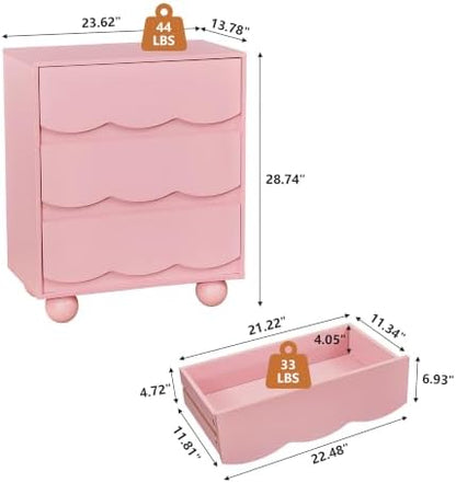 Pink Scalloped 3 Drawer Dresser, Mid Century Modern Nightstand for Bedroom