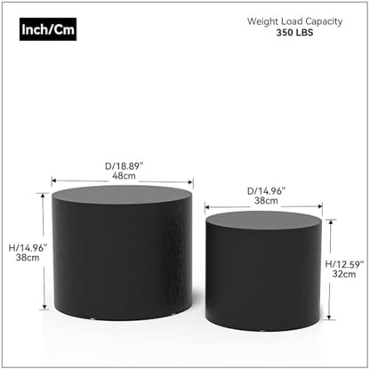 Nesting Coffee Table Set of 2, Modern Round Coffee Table with Non-Slip Feet, Wooden Circle Accent Tables for Small Spaces Living Room Bedroom Balcony Office Drum Side Table (Black)