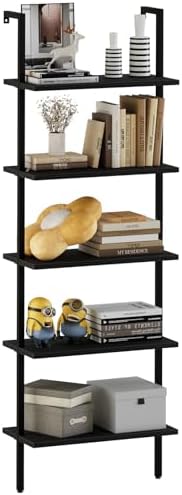 aboxoo Ladder Shelf Open 5-Tier Bookshelf Wall-Mounted Black Wood Bookcase Storage Rack Open Industrial Modern Plant Stand Utility Organizer Bookcase Metal Frame Furniture Office Bedroom