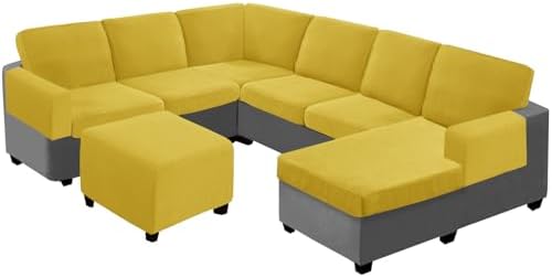 UNBBRRL Seat Cushion Cover and Back Covers for Corner Sofa Stretch Jacquard, Non Slip L Shaped Sofa Slipcover with Storage Ottoman, Sectional Couch Cover for Chaise Lounge (Yellow,47 x 61 x 6”)