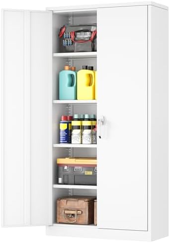 INTERGREAT Metal Storage Cabinet with Lock, 72" Office Storage Cabinet with Locking Doors and 4 Adjustable Shelves, White Lockable Steel Cabinet for Home Office, School