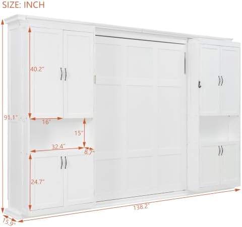 SOFTSEA Space-Saving Queen Size Murphy Bed with Shelves, White